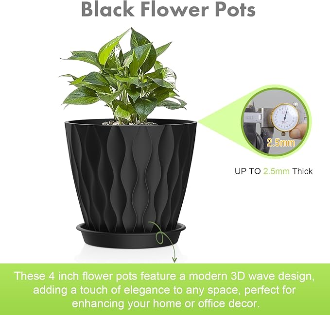 Meowell 4 inch Small Plastic Nursery Pots, Seedling Pots, 5 Set Water Ripples Plant Pots for Indoor Plants, Flower Pots with Drainage Holes and Saucers, Seed Starter Pots for Succulent Plants, Black