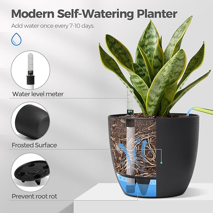 T4U 6 Inch Plastic Self Watering Planter with Water Level Indicator Black Set of 4, Modern Decorative Planter Pot for All House Plants, Flowers, Herbs, African Violets, Succulents