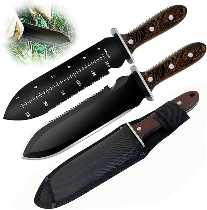Garden Trowel Hand Shovel for Gardening, Hori Hori Garden Knife for Weeding Planting Digging | 7" Stainless Steel Blade | Oxford Sheath | Walnut Wood Handle