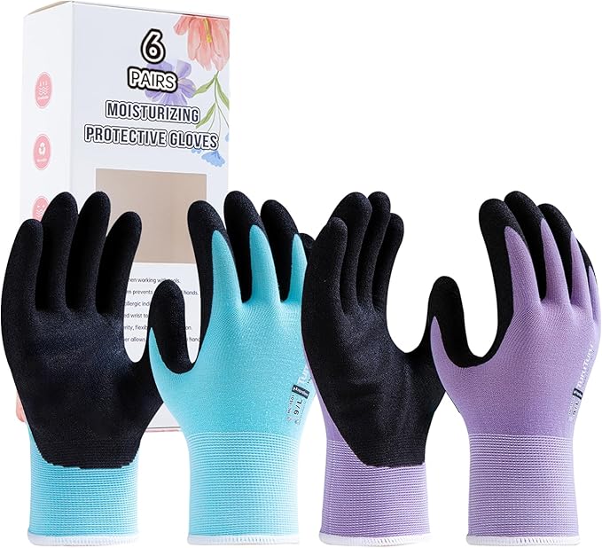 HandLove 6 Pairs Gardening Gloves for Women-Moisturizing Durable Work Gloves.Latex-free Sandy Nitrile Coated for YardGarden,Touchscreen Friendly Protective Gloves with Grip, Large, Blue&Purple