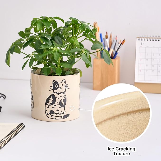 STHIE 5 Inch Ceramic Plant Pots with Drainage Holes, Small Round Flower Pots for Indoor Plant, Unique Animal Flower Planters (Cat)