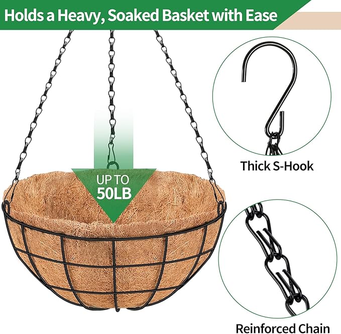 14 Inch Hanging Baskets for Plants Outdoor, 4 Pack Metal Round Wire Hanging Planters with Natural Thick Coco Liners, Garden Patio Decor for Flowers, Herbs, Succulents