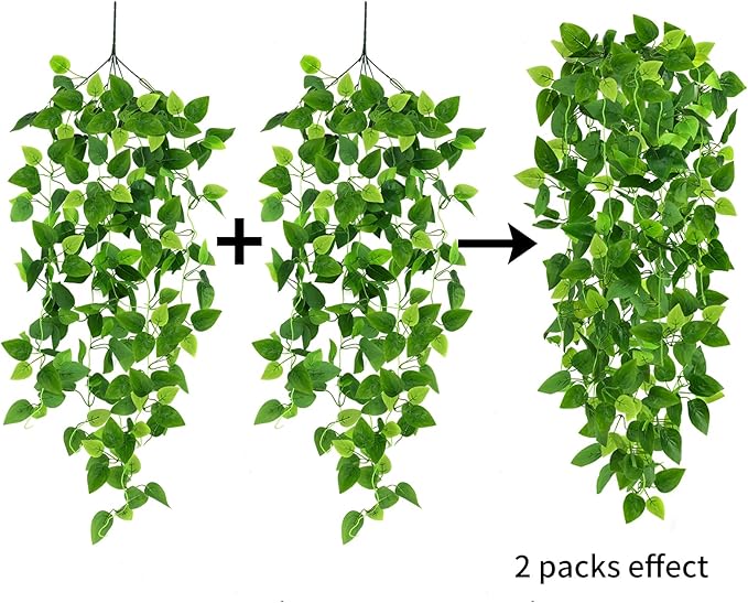 CEWOR 2pcs Fake Hanging Plants for Room Decor, 3.6ft Artificial Ivy Pothos Vine for Wall Living Room Patio Indoor Outdoor Home Shelf Office Decor (No Baskets)
