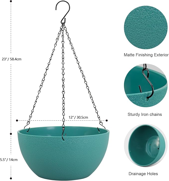 Meowell 12 inch Large Hanging Planters for Indoor Outdoor Plants, 2 Pack Hanging Flower Plant Pots with Drainage Holes and Chain for Garden Porch, Plastic Hanging Baskets for House Plants, Blue Green
