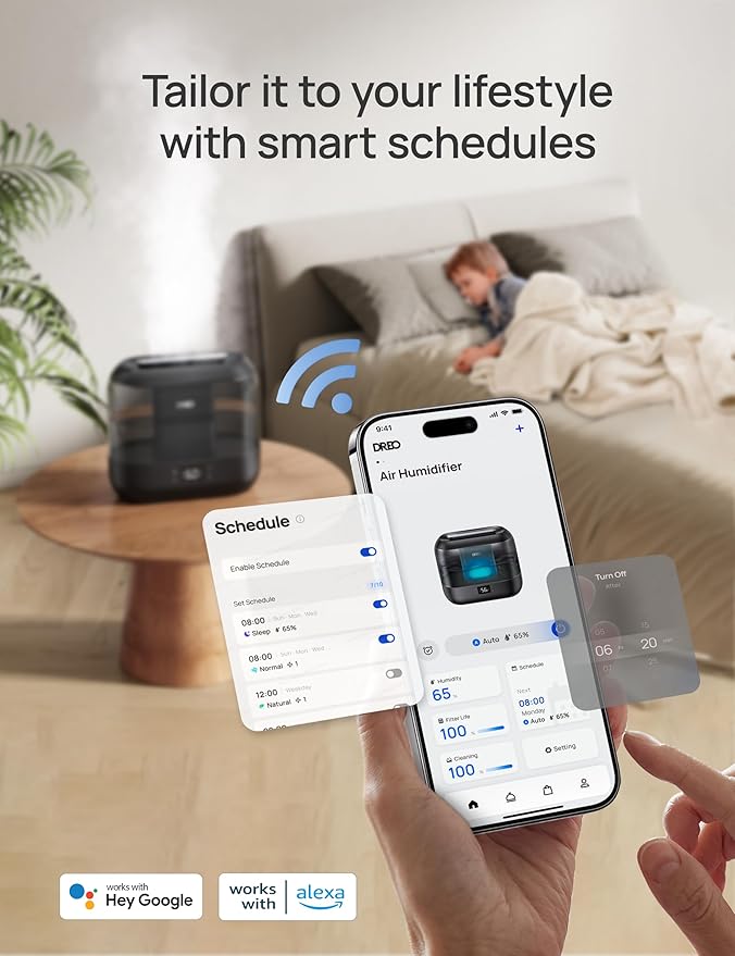 Dreo Smart Humidifiers for Bedroom-Filter Included, Top Fill 4L Humidifier Large Room with 28 dB, 36H Runtime, Touch/APP/Voice Control, Nightlight, Cool Mist Humidifiers for Baby, Plants, Ebony