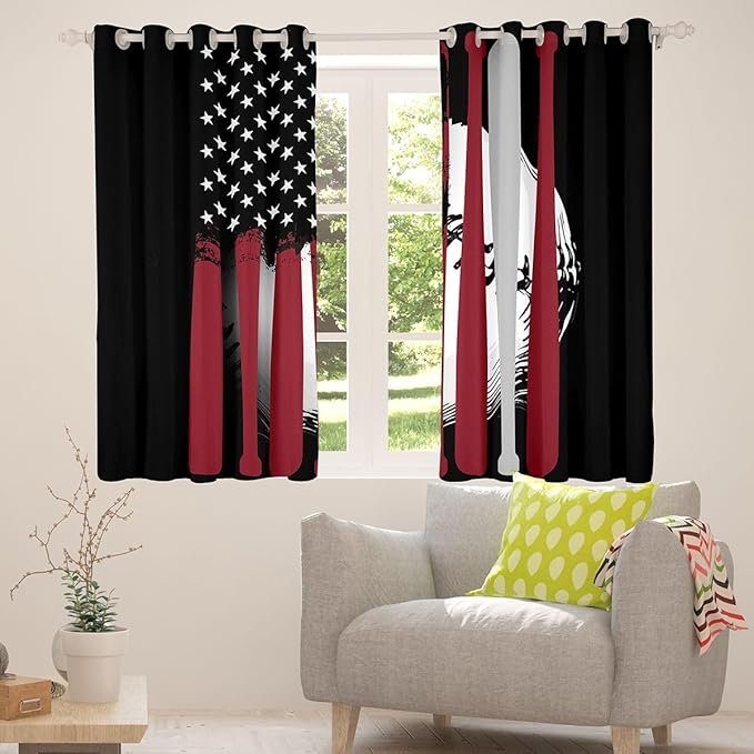 Feelyou Boys Baseball Curtains America Flag Baseball Window Curtains Bedroom Living Room Kids Room Decor Boys Baseball Bat Window Drapes Cool Sports Game Window Treatments 38W X 45L，2 Panels