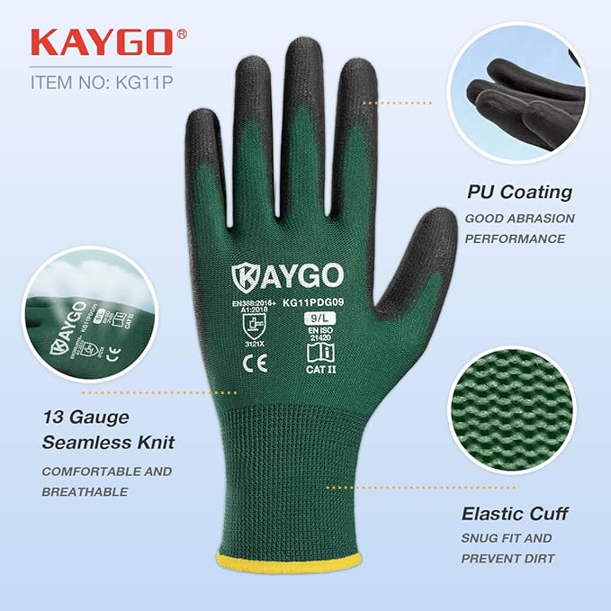 KAYGO Work Gloves for Men and Women,12 Pairs Seamless Knit PU Coated Safety Gloves, with Smooth Grip on Palm and Fingers, Ideal for Light Warehouse, Manufacturing, Gardening, KG11P (S,Dark Green)