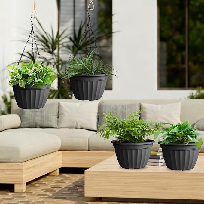 FGstyle Hanging Planters 10 Inch, 4 Pcs Self Watering Pots for Indoor Plants,Plastic Hanging Basket with Soil Elevator and 20" Chain for Home Garden Porch Balcony Patio Decor(Black)
