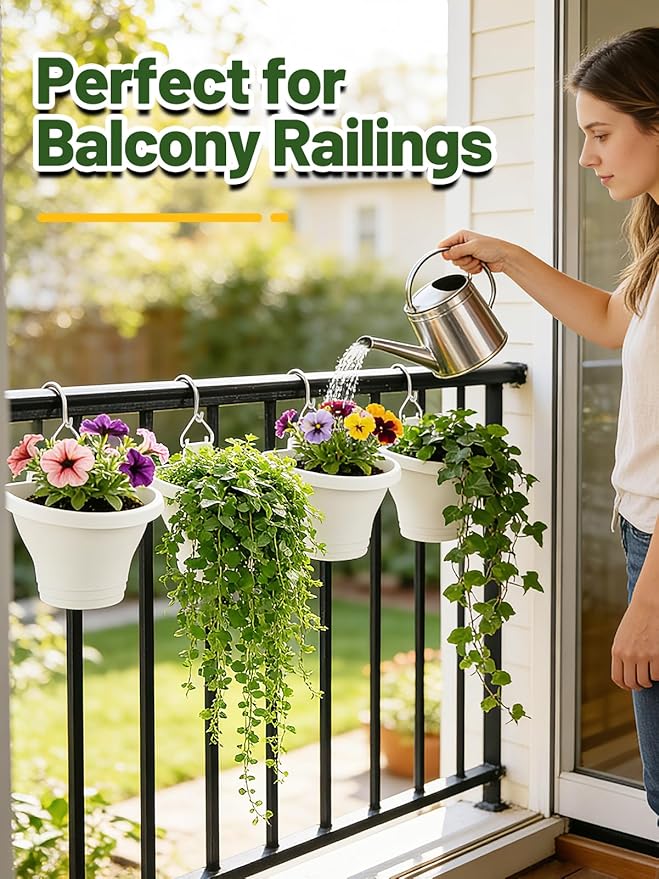 MADHOLLY 6Pcs Vertical Hanging Planters for Outdoor Plants - Wall Plant Holder for Indoor Decorations Garden Fence, Plastic Flower Pots with Drainage Grid and Hooks (White)