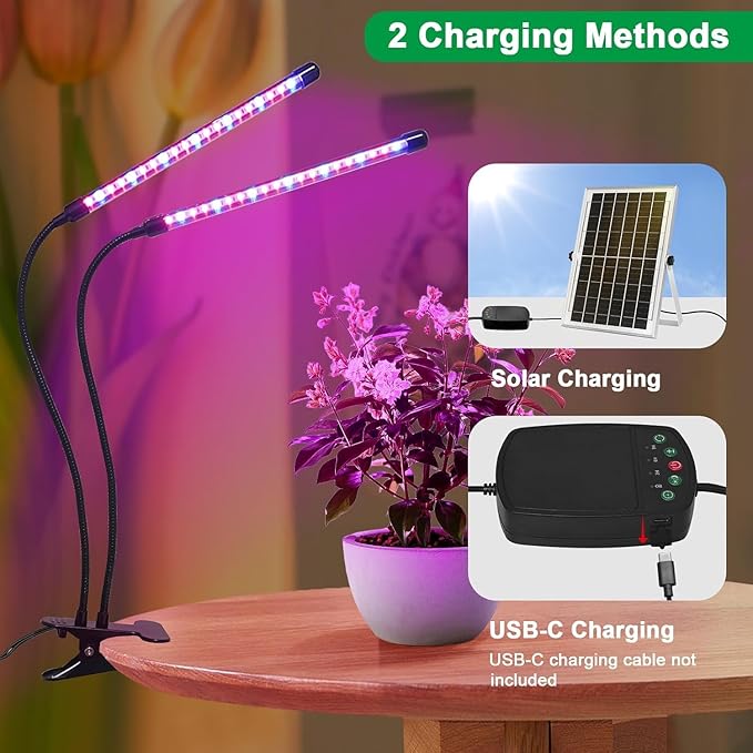 Solar-Powered Grow Lamp with Battery, 2-Head 40 LED Full Spectrum Clip Light, 16.4FT Cable, USB Charging, Timer & Dimmable Settings for All Growth Stages