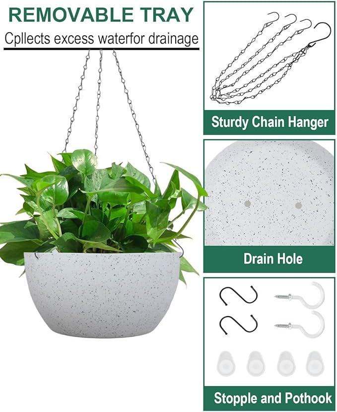 vensovo 12 Inch Large Hanging Planters for Outdoor Plants - 2 Pcs Plastic Hang Planter Flower Pot Baskets with Drainage Holes and Chain, Plant Pots for Home Garden Decor, White with Dot