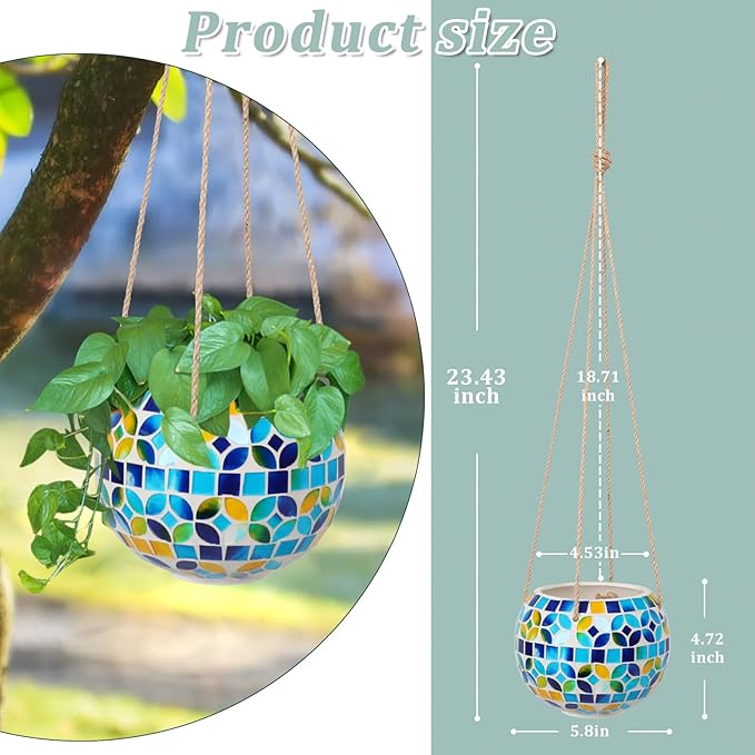 Ceramic Hanging Planter Mosaic Hanging Flower Pot Small Plant Pot for Indoor Plant Garden Decor Disco Ball Planter with Drainage Square Blue