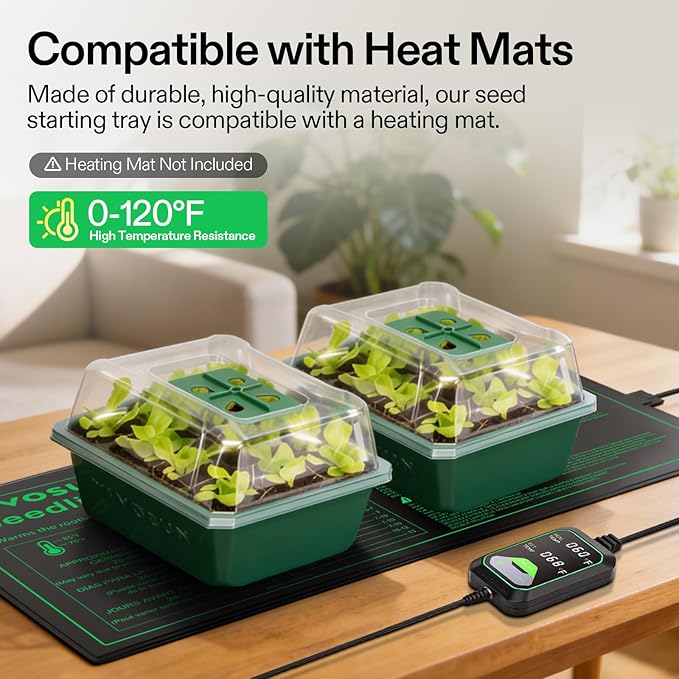 VIVOSUN 12-Pack Seed Starter Trays, 72-Cell Seed Starter Kit with Humidity Dome, Flat Reusable Plant Germination Trays with Drain Hole, Green Propagation Tray for Planting Seeds
