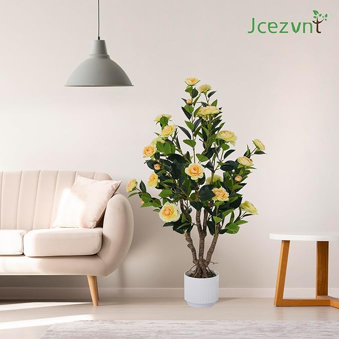 2 Pack Artificial Camellia Tree with White Pot, 38" Faux Potted Plants for Indoor Outdoor Decor, Tall Silk Greenery Plant for Home Offce Living Room Balcony, Yellow