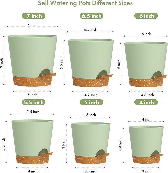 WSMKSZ 7/6.5/6/5.5/5/4 inch Self Watering Pots for Indoor Outdoor Plants, 6 Pack Plastic Flower Planters with Drainage Holes and Removable Saucers, Plant Pots with Wicking Rope, Green Brown