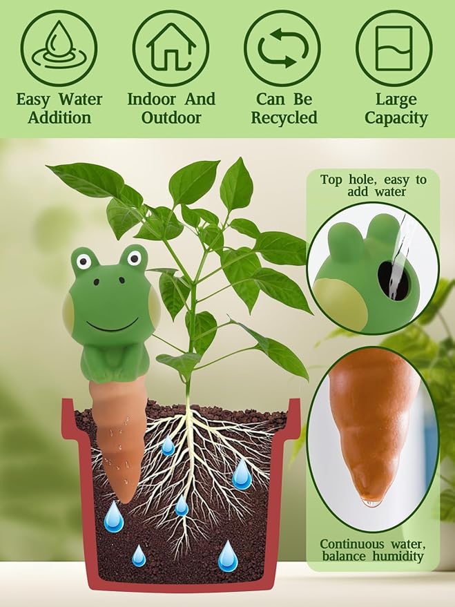 4Pcs Plant Watering Globes, Kalolary Frog Shape Self Watering Spikes Terracotta Drip Water Stakes Irrigation Watering Bulbs for Pot, Indoor, Outdoor, Vacation （Frog A）