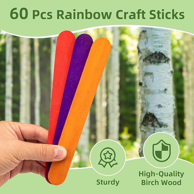 WISYOK 8 Inch Colored Jumbo Craft Sticks - 60 PCS Extra Large Natural Premium Wood, Rainbow Wooden Popsicle Sticks, Wide Lollipop Sticks for DIY Crafting, Kids Education, Home Art Projects