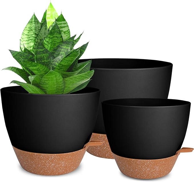 Vanslogreen Planters for Indoor Plants 3 Pack, 10/9/8 Inch Self Watering Flower Pots with Drainage Hole, Plastic Large Plant Pots (Black)
