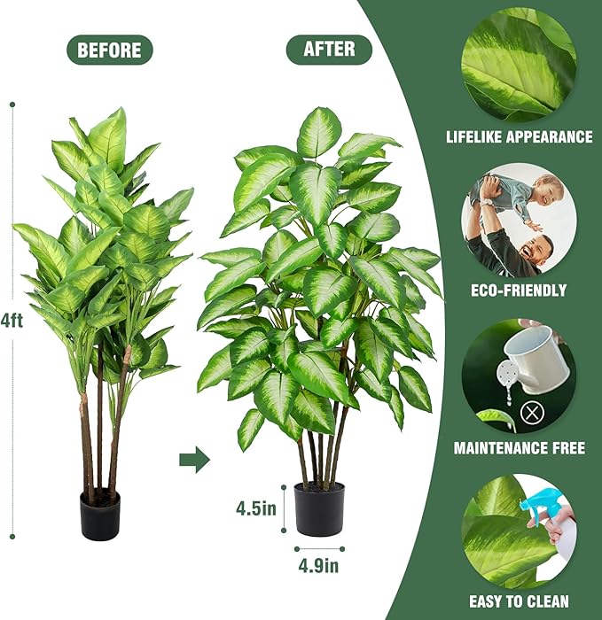 FLOWORLD Artificial Golden Dieffenbachia 4ft Tall Artificial Plants Indoor Decorative Silk Plants Potted Faux Tropical Tree Lifelike House Floor Large Fake Tree for Home Living Room