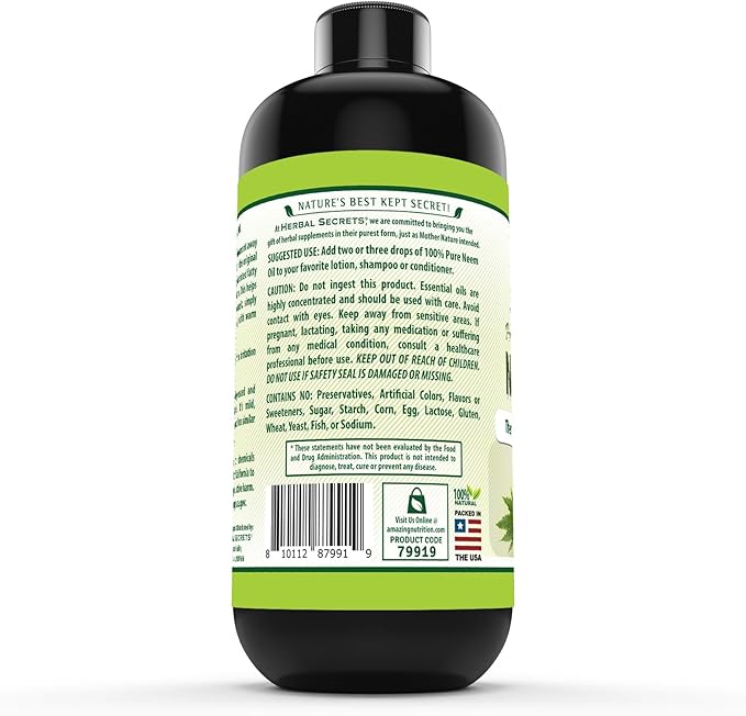 Herbal Secrets Neem Oil | 16 Fl Oz (473 ml) | Pure & Cold Pressed | Therapeutic Grade Premium Herbal Supplement | Non-GMO | Gluten Free | Made in USA