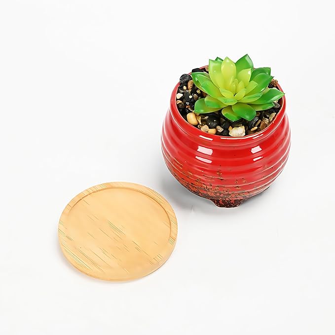 Cute Circular Ceramic Home Garden Decoration Succulent Cactus Flower Pots Container with Bamboo Tray -Plant Not Included (Yellow, 3.8 Inch)
