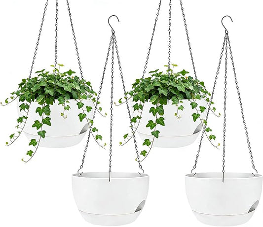 Set of 4-8 Inch Self Watering Hanging Planters for Indoor Outdoor，Hanging Plant Pots with Drainage & Removable Tray, Hanging Pots Holder for Ivy, Pothos, Ferns, Balcony & Patio, White