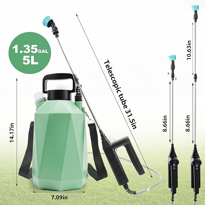 1.35 Gallon Battery Powered Sprayer, Electric Garden Sprayer with 3 Adjustable Pressures, Battery Indicator, Telescopic Wand, 4 Nozzles, Rechargeable Automatic Pump Sprayer for Lawn, Weed, Yard Care