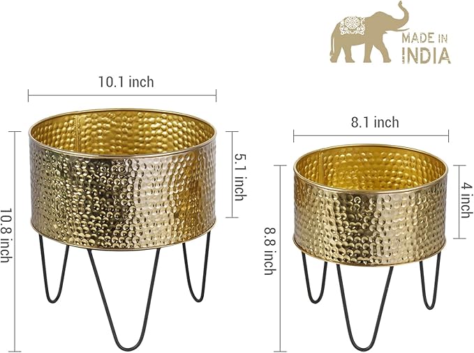 MyGift Modern Brass Tone Metal Planter Pots with Pebbled Texture, Hammered Plant Containers with Matte Black Wire Stands, 2 Piece Set, 8 and 10 Inch - Handcrafted in India