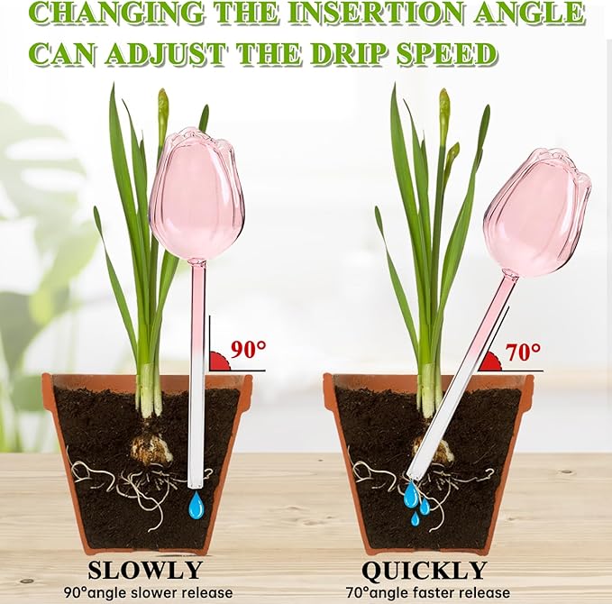 2Pcs Tulips Self Plant Watering Globes, Glass Self Watering Planter Insert, Automatic Plant Waterer Devices Indoor Outdoor (Pink)