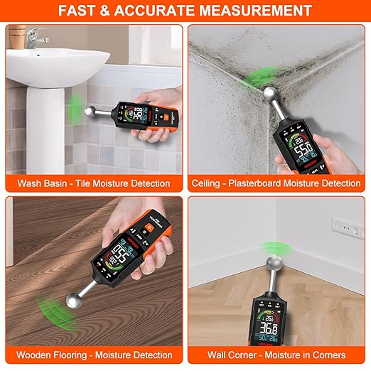 LASELION MS04 Pinless Moisture Meter with Ball Probe for Non-Destructive Area Scans Ideal for Wood Walls and Construction Materials Customizable Humidity Alarms Built-in Flashlight