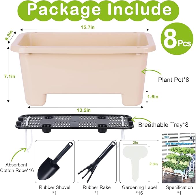 Oliz Self-Watering Rectangle Planter Boxes 8-Pack, 15.7-Inch Window Box Planter with Drainage Holes & Trays, Pots for Vegetables, Herbs, Flowers, Garden Windowsill Balcony (Yellow)