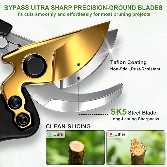 Pruning Shears, Sharp Clean Cut SK5 Steel Garden Clippers with Teflon Blade, Bypass Hand Pruners, Ergonomic Non-Slip Grip for Roses, Shrubs & Plants
