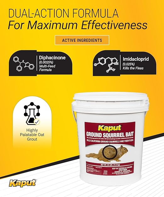 Kaput Ground Squirrel Bait - Effective Fleas & Squirrel Killer with Diphacinone & Imidacloprid - Targeted Pest Control for Outdoor Use, (25 lbs)