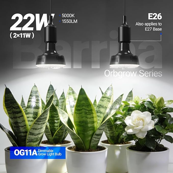 Barrina Orbgrow OG11A Grow Light Bulbs for Indoor Plants, Integrated Dimming & Timing, 5000K 22W(2 x 11W, 200 Watt Equiv), E26 Plant Light Bulb, Full Spectrum for Seeds and Greens, 2 Packs, Black