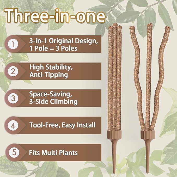 3 Moss Poles in 1, Bendable Monstera Plant Support, 30IN Tall Plant Stakes for Indoor Plants, Coir Pole Plant Support for Climbing Plants, Pothos, Philodendron-1 Pack