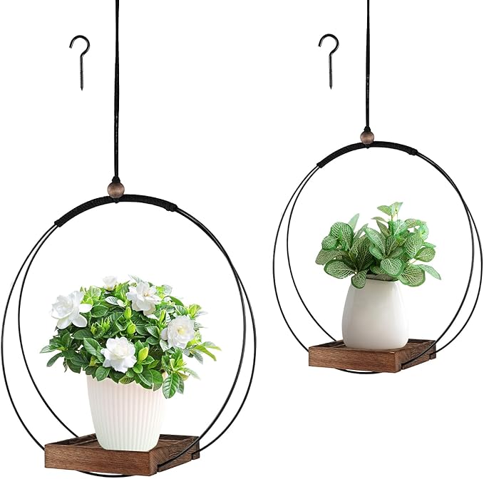 COM4SPORT 2 Pack Hanging Planters for Indoor Plants, Black Metal Plant Hanger with Wood Base Boho Hanging Plant Holder for Window,Room,Balcony Decor