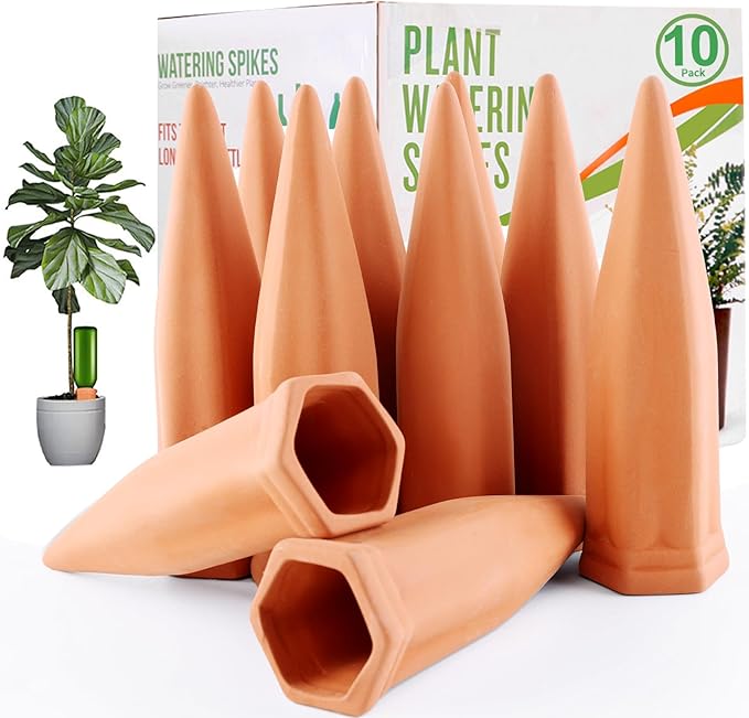 REMIAWY Plant Watering Devices - Terracotta Vacation Self Plant Waterer Spikes Wine Bottle Stakes Slow Release Devices for Indoor Outdoor Plants (10 Pack)