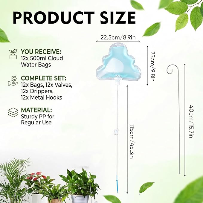 Zhengmy 12 Pcs Cloud Plant Self Watering Drip Water Bag with Flow Regulator, Automatic Plant Self Watering System with 500ml Drip Water IV Bag and Support Rod Stake for Potted Indoor Outdoor Waterer