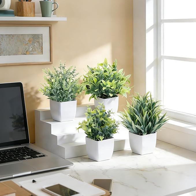 CEWOR Fake Plants 4 Packs Small Artificial Plants Mini White Potted Greenery Bathroom Accessories Decorations for Desk Bathroom Office Home Room Kitchen Table Decor Indoor