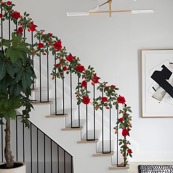 RECUTMS 6FT Artificial Red Rose Garland Fake Rose Ivy Vine with Greenery Foliage Hanging Flower Vine for Wedding Arch, Table, Home, Garden, Birthday, Valentine’s Day Party Decoration (Red)