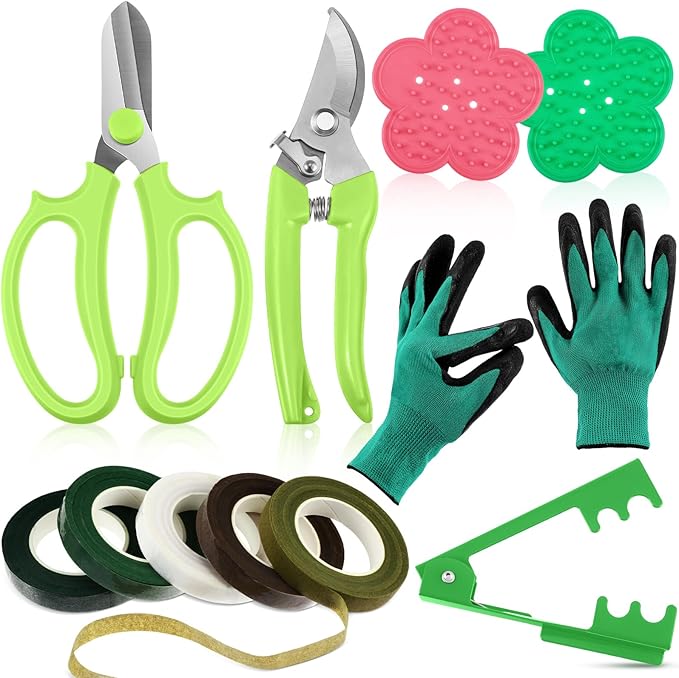 WILLBOND Floral Arrangement Kit, Valentine Rose Thorn Stripper Tool Garden Pruning Shears Scissors Rose Thorn Remover Pruner Trimmer Gloves Tapes Florist Garden Tool Gift Kit for Women(Green)