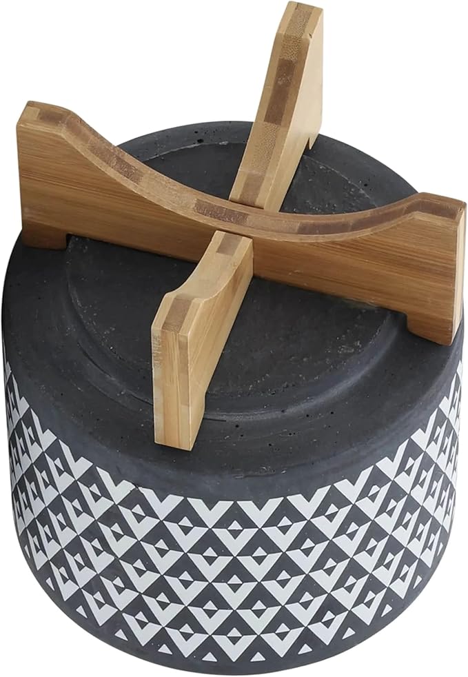 DTY Ceramic Planter Wooden Stand Minimalist Gray Indoor Tabletop Planter - Default
