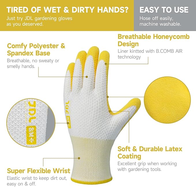JDL Gardening Gloves for Women, 2 Pairs Breathable Latex Coated Yard Garden Gloves, Rubber Outdoor Protective Work Gloves with Grip, Yellow, Small Size