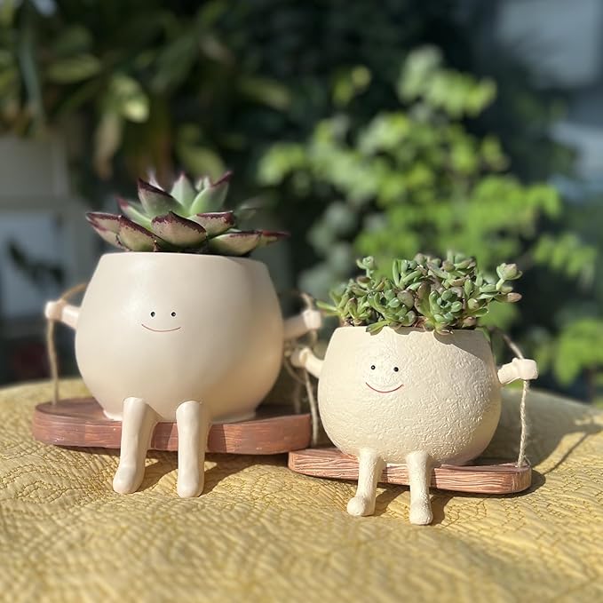TEARS OF GAIA Hanging Planters for Indoor Plants, Smiley Face Planter Pot Cute Resin Flower Head Planters with Drainage, for Mom, Funny Succulent Plant Lover Gift for Plant Lovers (Big Swing)