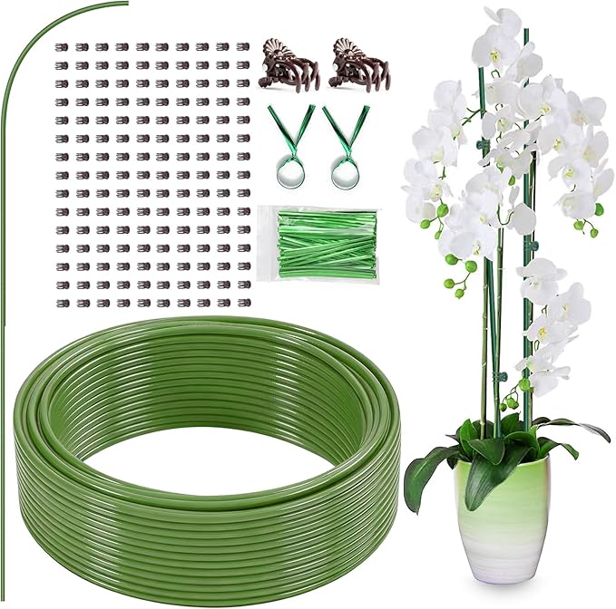 32ft Plant Support Stakes with 50 Pcs Plant Clips and 800 Ties, Plant Sticks for Indoor and Outdoor Plants, Orchid Clips and Stakes, Tall Bendable & Cuttable Single Stem Flower Stakes (Green, 65ft)