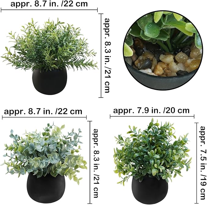 Winlyn Set of 3 Small Potted Faux Plants 8" Artificial Eucalyptus Rosemary Boxwood Plants in Black Concrete Pot Desk Plants for Home Office Bathroom Kitchen Counter Shelf Coffee Table Windowsill Décor