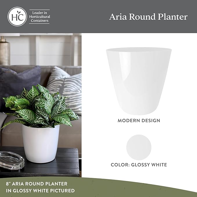 The HC Companies Aria Round Self-Watering Pot - Lightweight Plastic Planter for Herbs & More - Durable Plant Pots for Indoor Plants & Outdoor Plants (8" Glossy White, Pack of 1)
