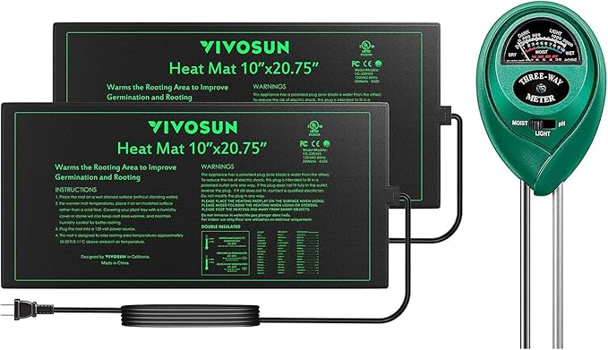VIVOSUN 2 Pack Durable Waterproof Seedling Heat Mat Warm Hydroponic Heating Pad 10 x 20.75 Inch, Soil Tester, 3-in-1 Plant Moisture Meter Light and PH Tester for Germination, Indoor Gardening, Greenho