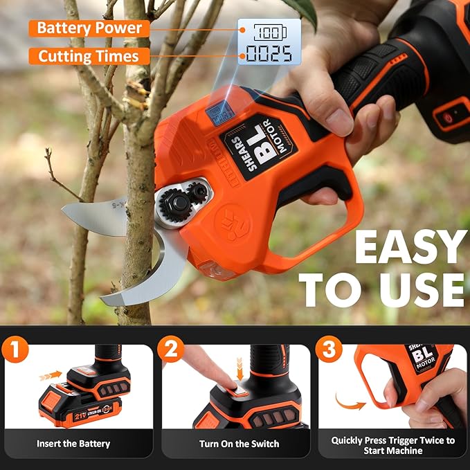 VOTREK® Cordless Electric Pruning Shears, Effort-Saving Power Pruner Cuts Branches up to 1.6", Lightweight with Safety Lock, SK5 Steel Blade, Brushless Motor, Battery Included for Tree Trimming