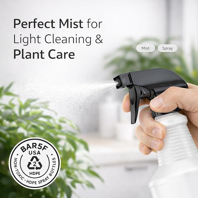Bar5F Chemical-Resistant Spray Bottle – BPA-Free, Durable, Adjustable Nozzle for Cleaning, Gardening, Hydrogen Peroxide, Rubbing Alcohol, Leak-Proof, Multipurpose (Black (2-Pack) 24-Ounce)